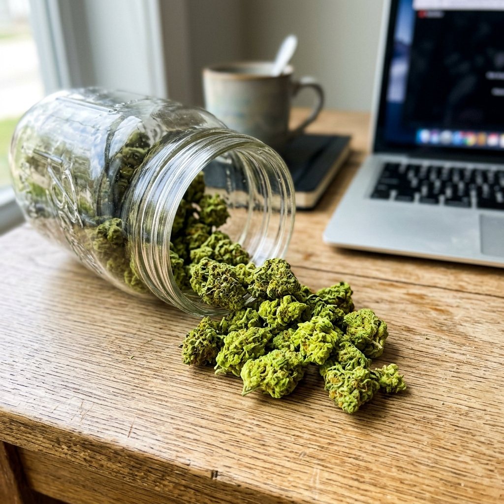 Ounce bag tipped out on the desk